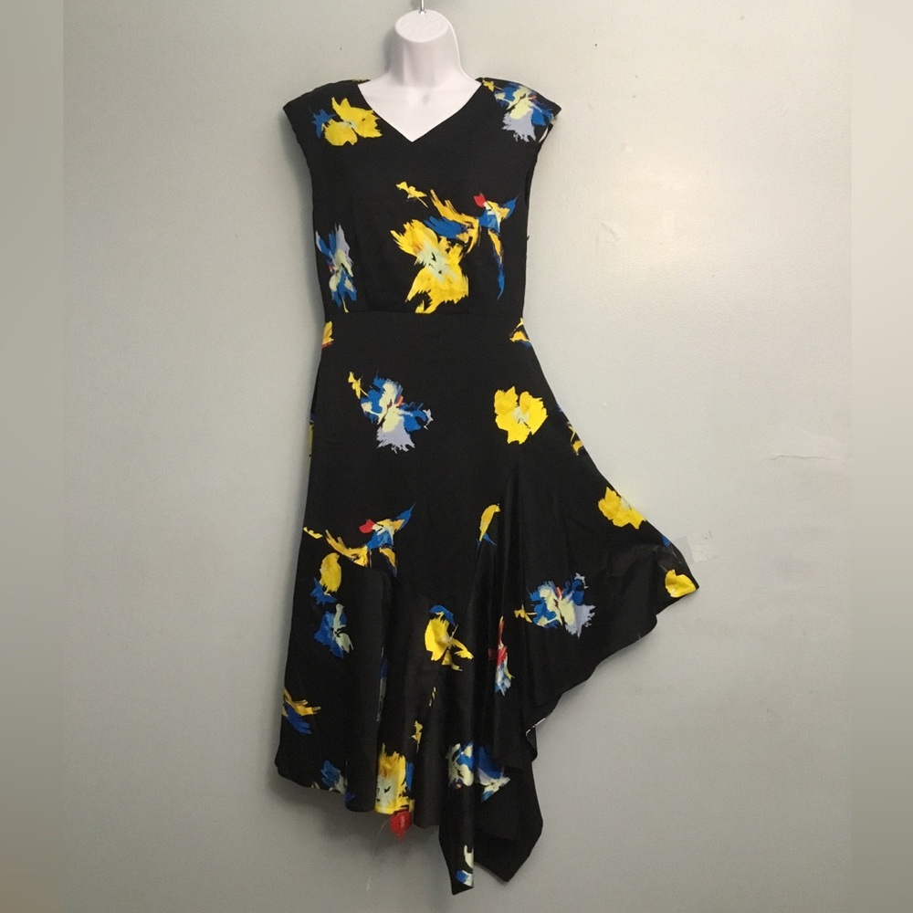 Equipment Black Asymmetrical Dress with Blue and Yellow Floral - Picture 9 of 14